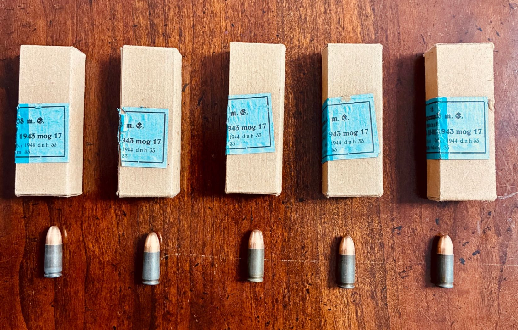 WWII German 9mm Luger Ammo – 1943–1944 – 5 Original Boxes (80 Rounds) – Collector Lot