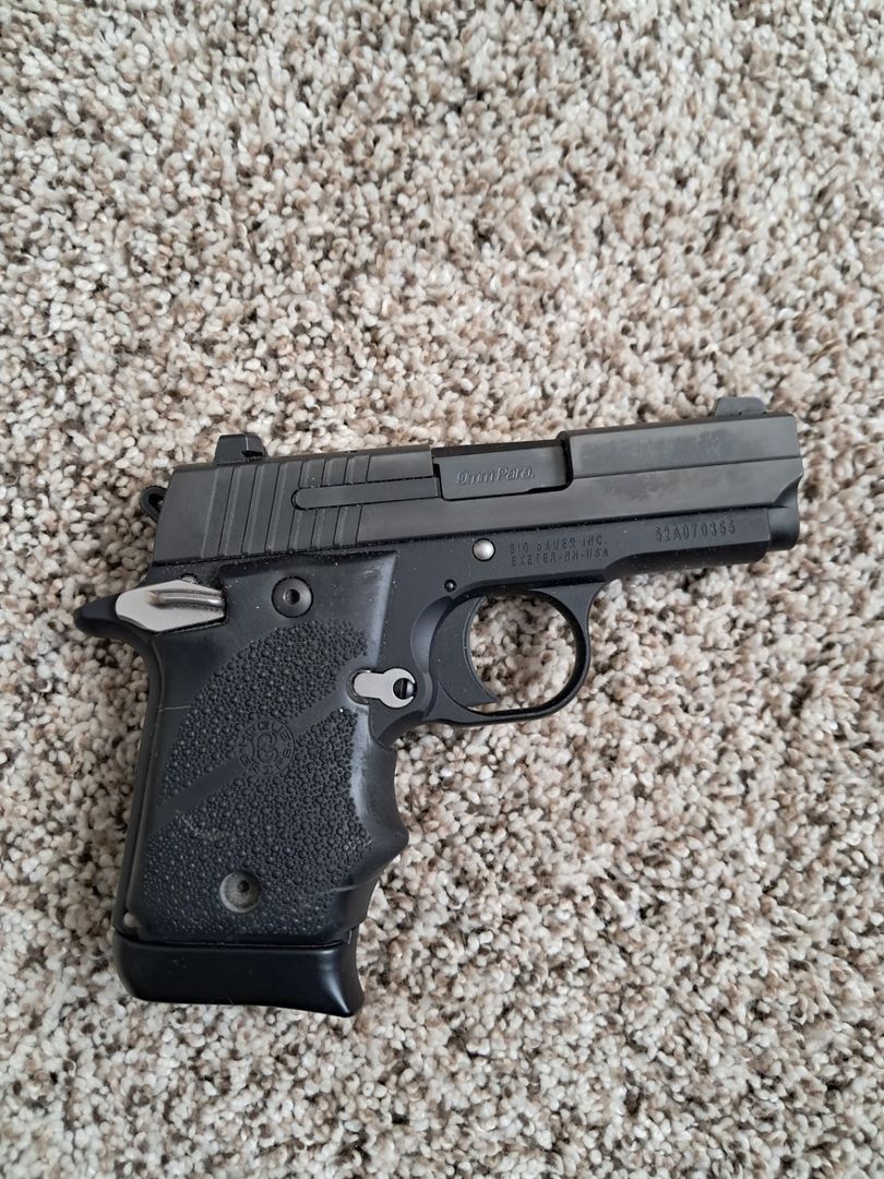 Sig P938 bundle with 2 original mags, NEW threaded barrel, and two   holsters - original and leather 5